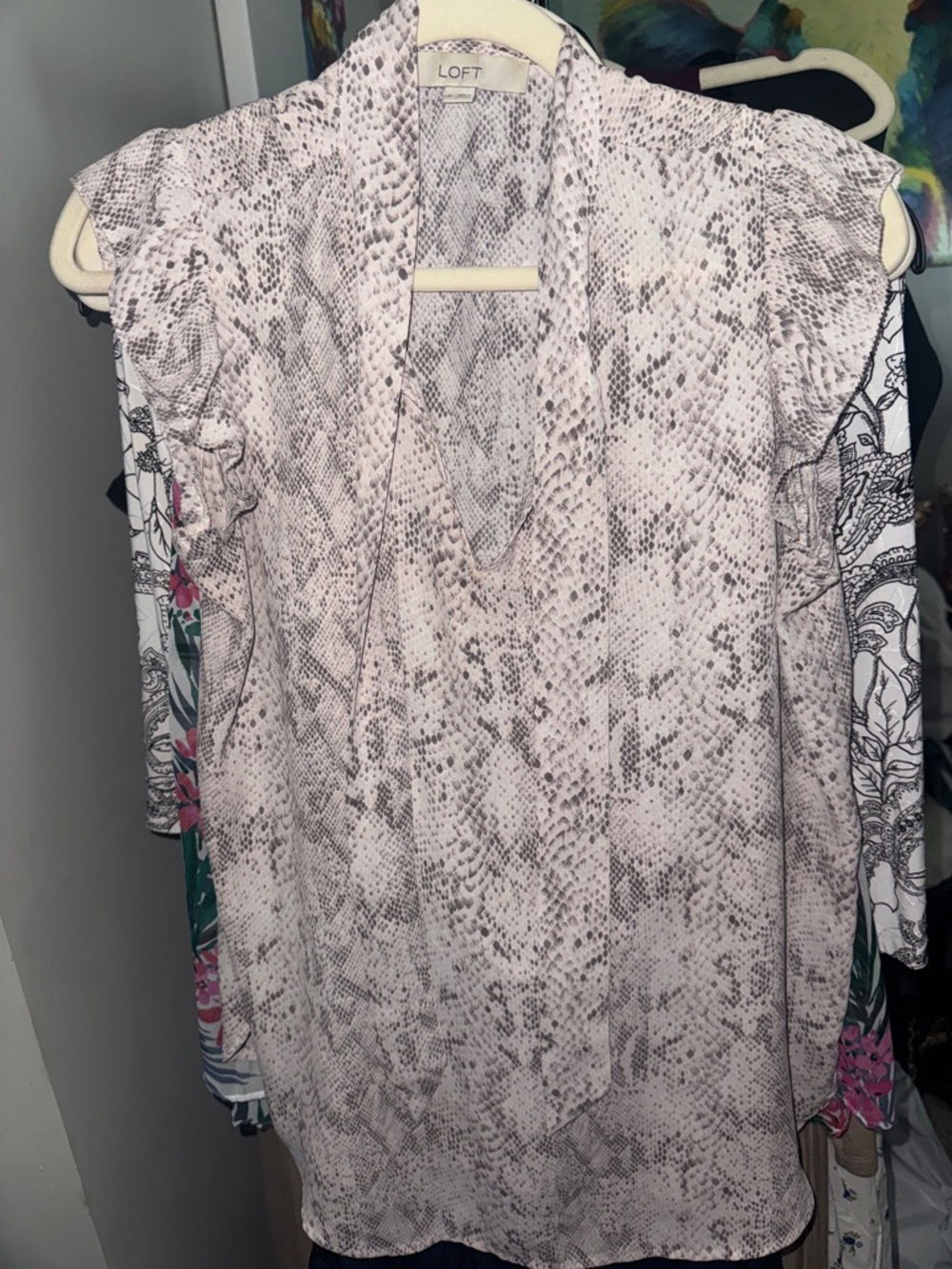 LOFT Taupe and Cream Snake-Print V-Neck Blouse